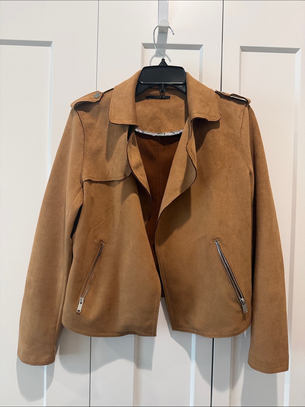 T Tahari Caramel Suede Moto Jacket
